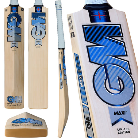 Multiple views of the Gunn & Moore Maxi DXM Senior Cricket Bat 2026, ideal for power hitters, showing front, back, side profile, handle, and toe. Features blue and silver Gunn & Moore branding with a white grip.
