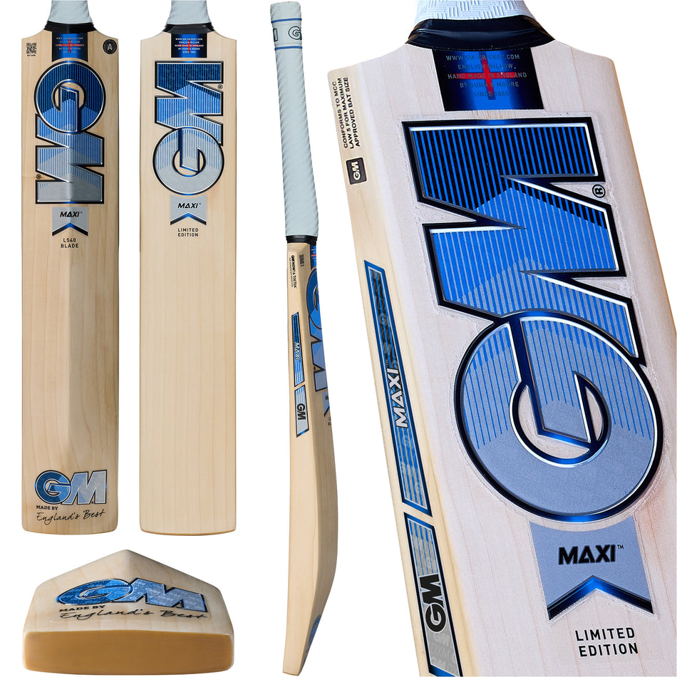 Multiple views of the Gunn & Moore Maxi DXM Senior Cricket Bat 2026, ideal for power hitters, showing front, back, side profile, handle, and toe. Features blue and silver Gunn & Moore branding with a white grip.