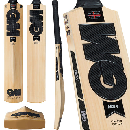Collage of the Gunn & Moore Noir DXM Senior Cricket Bat 2026, shown from multiple angles, highlighting its English Willow finish, black GM logo, textured grip handle, "Noir Limited Edition" branding, clean grains, and flat front face.