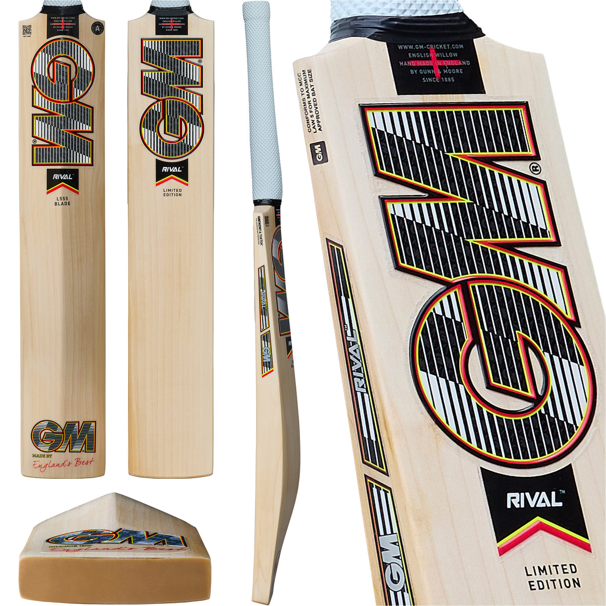 Five views of the Gunn & Moore Rival DXM Senior Cricket Bat 2026 display the front, back, side, toe, and an angled close-up showcasing its branding, wood grain, low swell profile, Apex grip, and detailed Gunn & Moore design features.