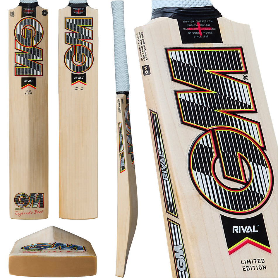 Five views of the Gunn & Moore Rival DXM Senior Cricket Bat 2026 display the front, back, side, toe, and an angled close-up showcasing its branding, wood grain, low swell profile, Apex grip, and detailed Gunn & Moore design features.