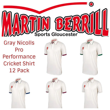 Martin Berrill Sports Gloucester promotes the Gray Nicolls Pro Performance V3 Cricket Shirt 12 Pack with Logo, showing five white custom shirts with various colored trims.