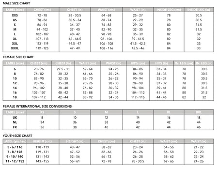 A size chart with chest, waist, hips, and inside leg (cm/in), for males, females, and youth. Ideal for Gray Nicolls Matrix V2 Match Trousers. Includes UK, NL & FR size conversions for females. Brand: Gray Nicolls.