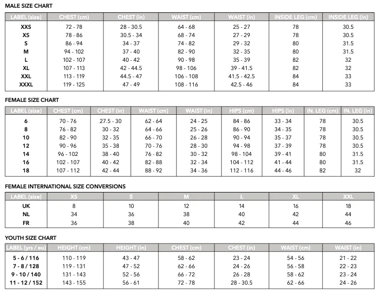 Gray Nicolls Westbury-on-Severn CC Matrix V2 Black Match Trousers size charts display male, female, international, and youth conversions with chest, waist, hips, height & inside leg measurements in inches and centimeters.
