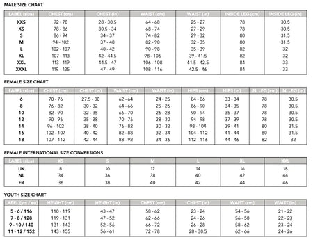 Gray Nicolls Westbury-on-Severn CC Matrix V2 Black Match Trousers size charts display male, female, international, and youth conversions with chest, waist, hips, height & inside leg measurements in inches and centimeters.