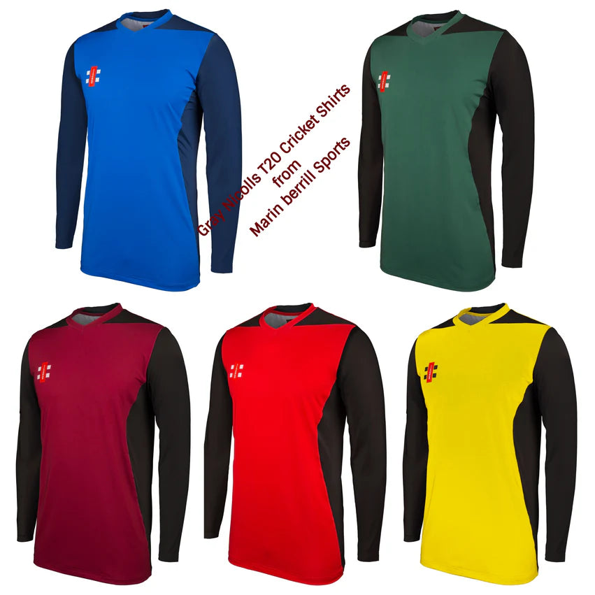 Gray Nicolls T20 Match Shirts 12 Pack with Logo: High performance long-sleeve shirts in blue, green, maroon, red, and yellow with black sleeves and a small white-red chest logo from Gray Nicolls.