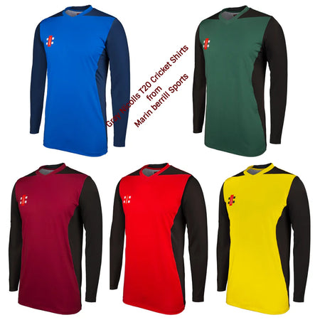Gray Nicolls T20 Match Shirts 12 Pack with Logo: High performance long-sleeve shirts in blue, green, maroon, red, and yellow with black sleeves and a small white-red chest logo from Gray Nicolls.