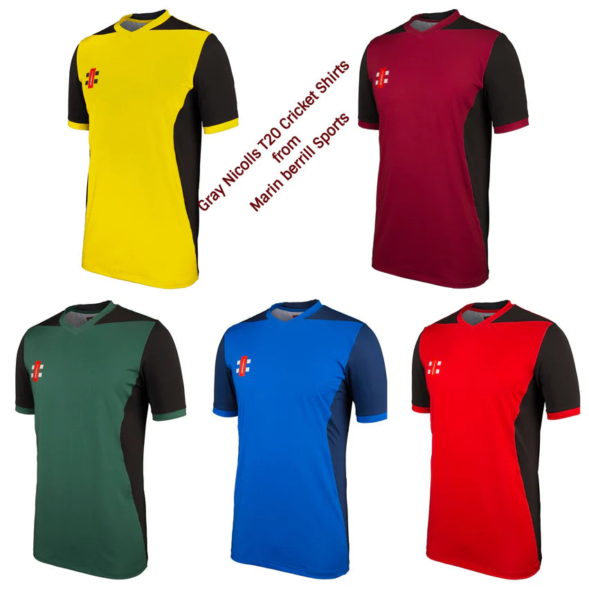The Gray Nicolls T20 Match Shirts 12 Pack with Logo features short-sleeve shirts in yellow, maroon, green, blue, and red with black side panels—ideal high-performance cricket shirts for serious players from Gray Nicolls.