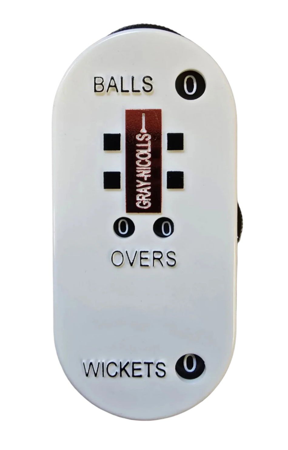 The Gray Nicolls Umpires Counter is a white handheld device for cricket umpires with black dials showing zeros for balls, overs, and wickets. The Gray Nicolls brand is displayed at the center of the counter.