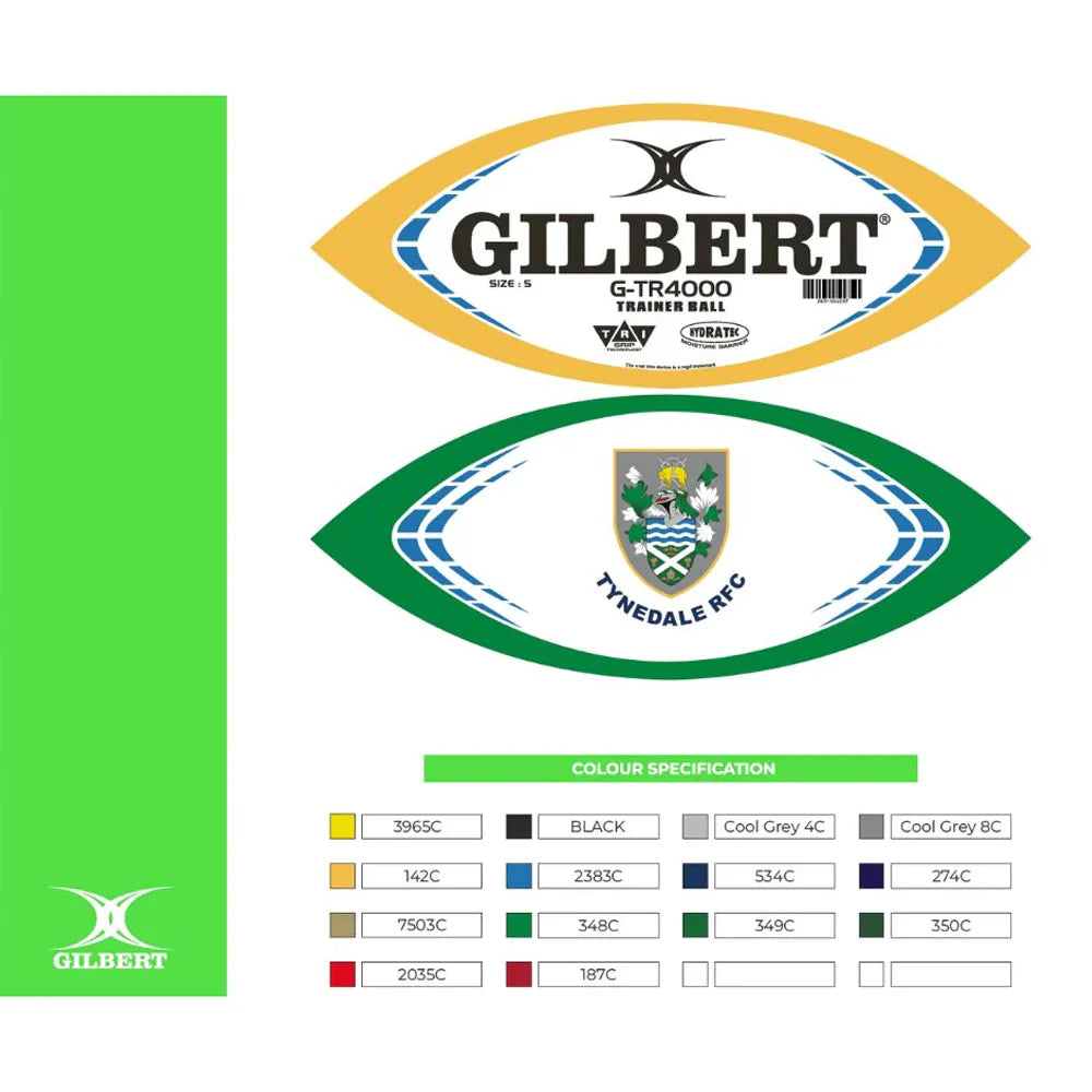 Two Custom Gilbert Match or Training Rugby Balls with Logos are shown: the top has a yellow outline and Gilbert branding; the bottom features a green outline and Tynedale RFC crest. A colour specification chart appears at the bottom.