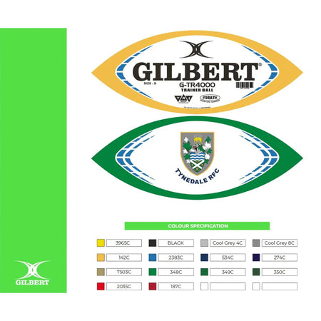 Two Custom Gilbert Match or Training Rugby Balls with Logos are shown: the top has a yellow outline and Gilbert branding; the bottom features a green outline and Tynedale RFC crest. A colour specification chart appears at the bottom.