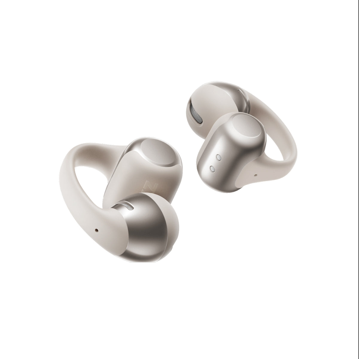 The Shokz OpenDots One by Shokz are modern wireless open-ear earbuds in sleek silver and white, featuring rounded earpieces and ergonomic loops for a secure fit. They are shown against a white background.