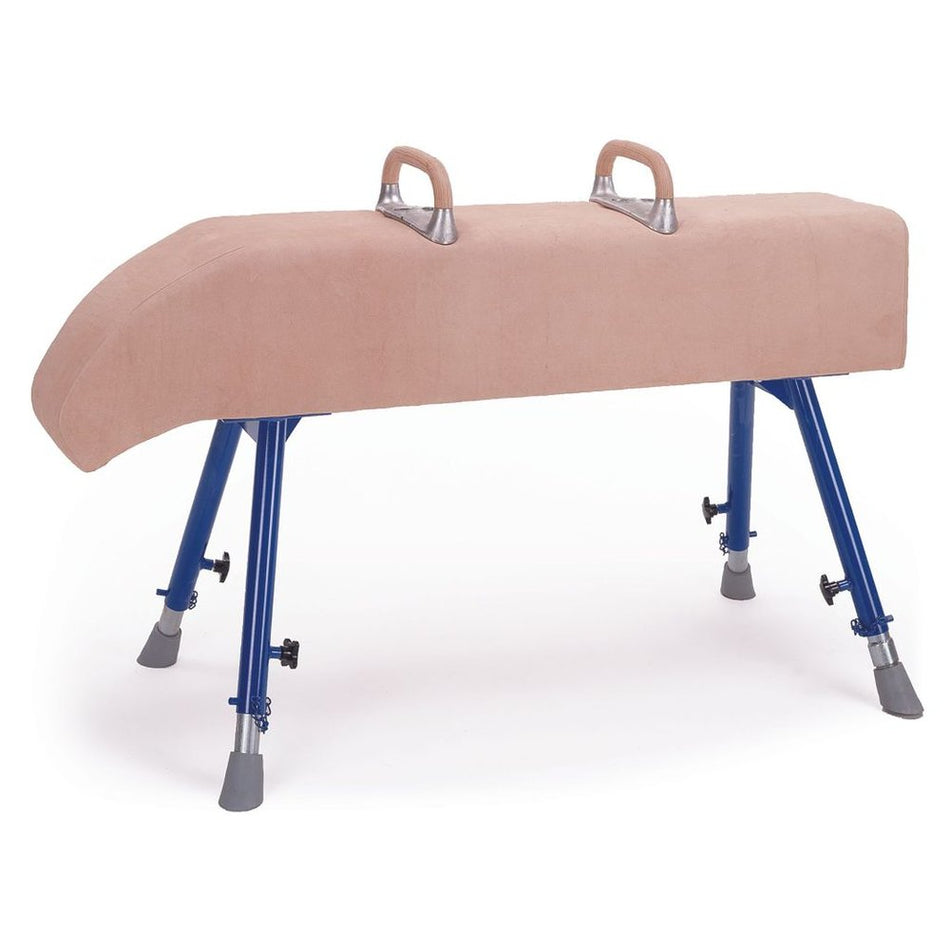 The Niels Larsen Vaulting Horse Sloping neck with Pommels features a beige padded body, two handles on top, and four adjustable steel legs with non-marking rubber feet for stability and floor protection.