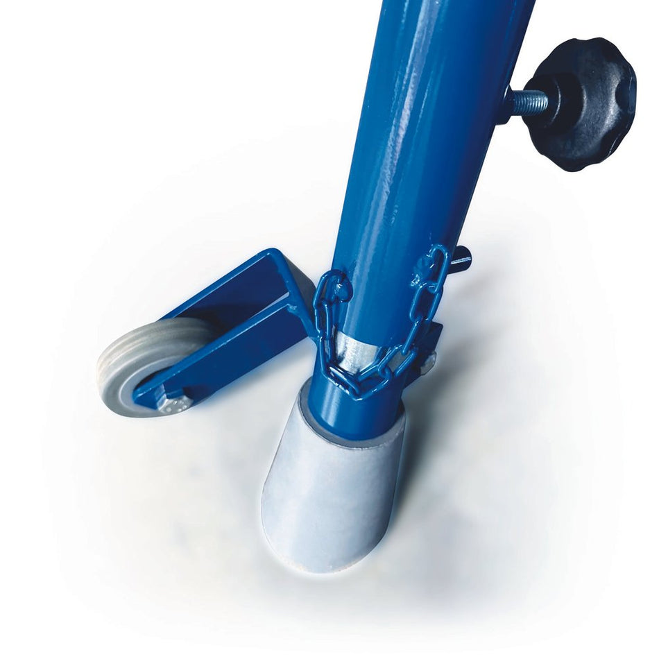 Close-up of a blue adjustable steel leg from the Niels Larsen Vaulting Horse Sloping neck with Pommels, featuring a small caster wheel, non-marking rubber feet, black adjustment knob, and metal chain—set against a white background.