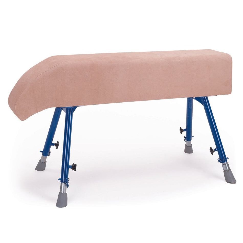 The Niels Larsen Vaulting Horse Sloping Neck with Castors features a beige natural hide padded top and four adjustable steel legs with rubber feet, offering stability. Shown on a white background. Brand: Niels Larsen.