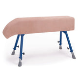 The Niels Larsen Vaulting Horse Sloping Neck with Castors features a natural hide padded top and four adjustable steel legs with rubber feet for stability, presented against a plain white background.