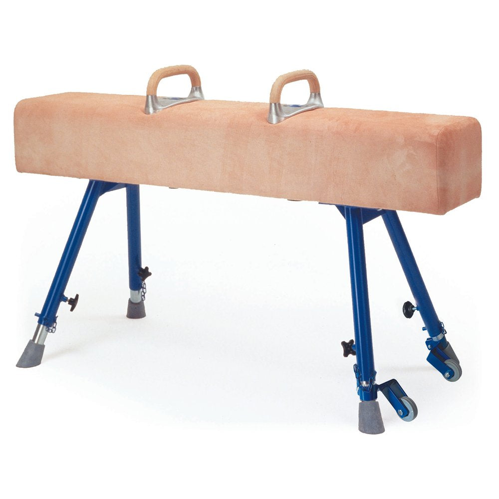 The Niels Larsen Vaulting Horse Square Ended with Pommels features natural hide upholstery, FIG spec pommels, a tan padded top, two metal handles, and four blue adjustable steel legs—two with wheels for easy movement.