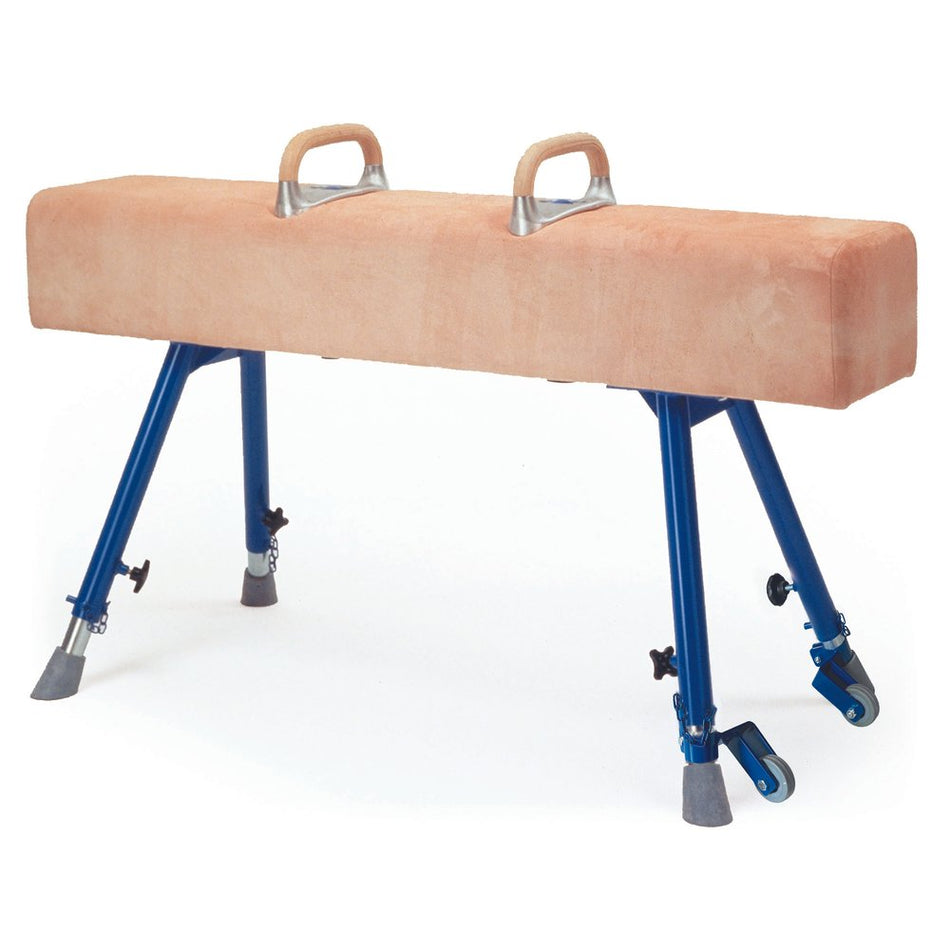 The Niels Larsen Vaulting Horse Square Ended with Pommels features a tan natural hide body, two FIG spec pommels, and four adjustable steel legs with wheels on the front.