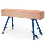 The Niels Larsen Vaulting Horse Square Ended with Castors features a tan padded top, four adjustable steel legs—two with FIG castors for easy mobility and non-marking rubber feet—and stands on a white background.