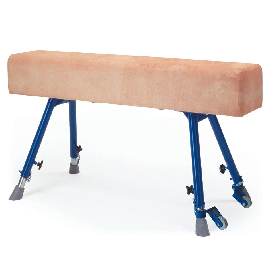 The Niels Larsen Vaulting Horse Square Ended with Castors features a tan padded top, four adjustable steel legs—two with FIG castors for easy mobility and non-marking rubber feet—and stands on a white background.
