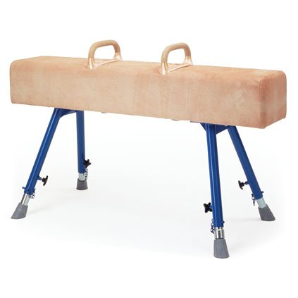 The Niels Larsen Vaulting Horse Square Ended with Pommels features FIG specification pommels, tan natural hide upholstery, and four blue adjustable steel legs with rubber feet.