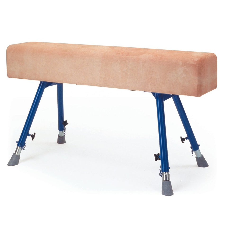 The Niels Larsen Vaulting Horse Square Ended with Castors features a rectangular tan suede padded top, four blue adjustable steel legs with non-marking rubber feet, and is shown on a white background. Brand: Niels Larsen.