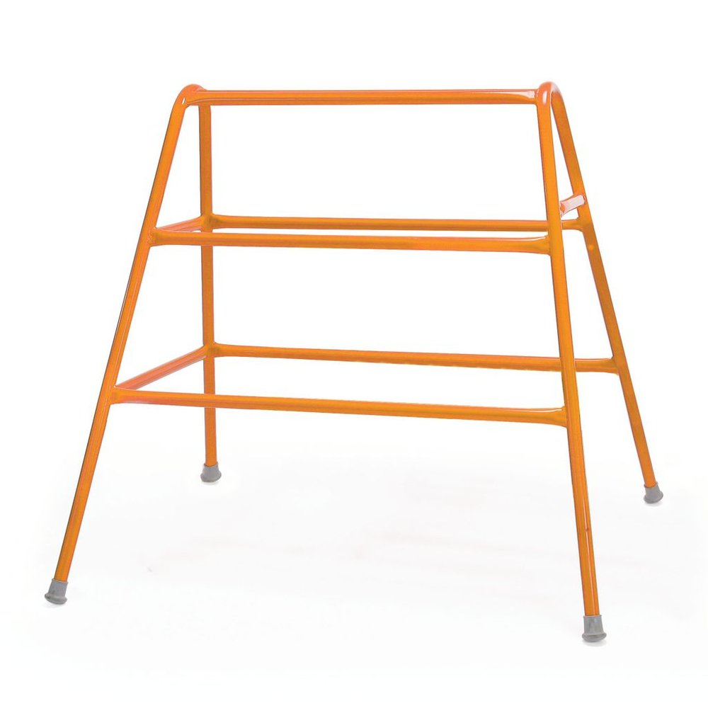 The Niels Larsen Agility Trestle by Niels Larsen is an orange, powder-coated steel walking frame with two horizontal support bars and four legs with non-marking rubber feet, designed to help with walking and stability.