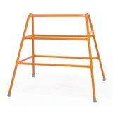 The Niels Larsen Agility Trestle by Niels Larsen is an orange, powder-coated steel walking frame with two horizontal support bars and four legs with non-marking rubber feet, designed to help with walking and stability.