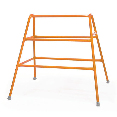 The Niels Larsen Agility Trestle by Niels Larsen is an orange, powder-coated steel walking frame with two horizontal support bars and four legs with non-marking rubber feet, designed to help with walking and stability.