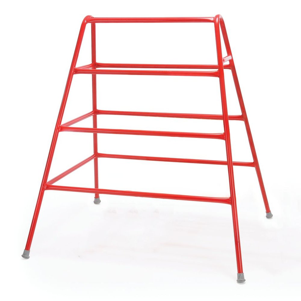 The Niels Larsen Agility Trestle is a red powder coated steel frame with four horizontal bars, angled legs, and non-marking rubber feet for stability—ideal for children’s play.