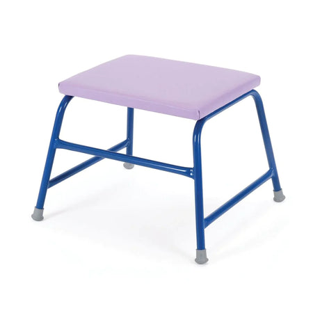 The Niels Larsen Agility Table set of 6 with Trolley features compact stools with purple rectangular cushioned seats, sturdy blue metal legs, and gray rubber caps—ideal as versatile gym tables or linking equipment for multipurpose spaces.