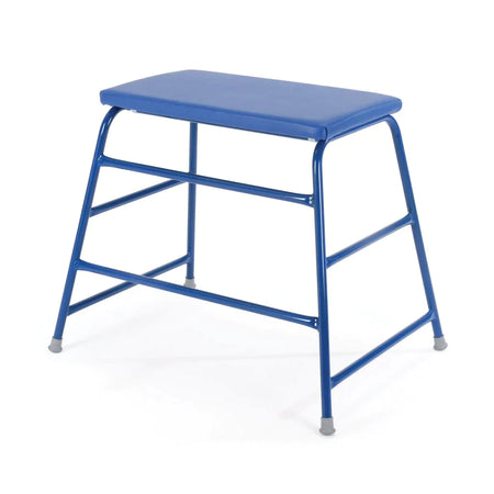 The Niels Larsen Agility Table set of 6 with Trolley features blue rectangular padded stools with metal legs, horizontal support bars, and gray rubber feet, by Niels Larsen. Ideal for gym use, shown on a white background.