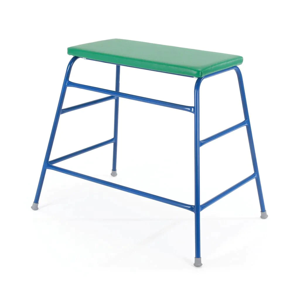The Niels Larsen Agility Table set of 6 with Trolley by Niels Larsen features green padded rectangular benches with sturdy blue metal frames and grey rubber feet, serving as versatile gym tables, ideal for linking equipment in the gym.