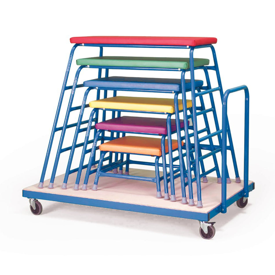 The Niels Larsen Agility Table set of 6, from largest to smallest, stacks neatly on a wheeled trolley with handlebar for easy transport. Brand: Niels Larsen.
