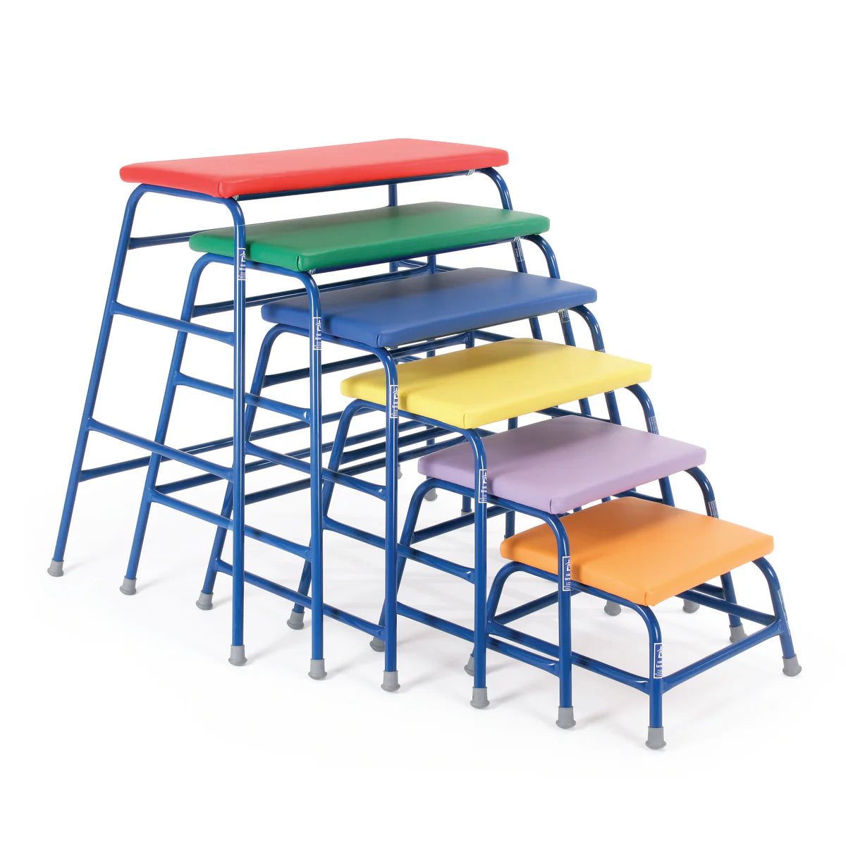 The Niels Larsen Agility Table set (SET 3) includes six colorful tables with blue frames and vinyl padded tops, stacked in ascending height like adjustable tables, all from the Niels Larsen brand.