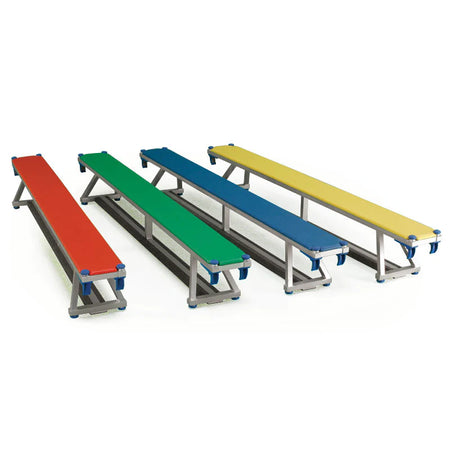 A Niels Larsen Litabench Timber Top 2.4m bench in red, featuring a sturdy metal frame, colorful timber top, and protective corner caps, is part of the Niels Larsen range designed for primary schools.