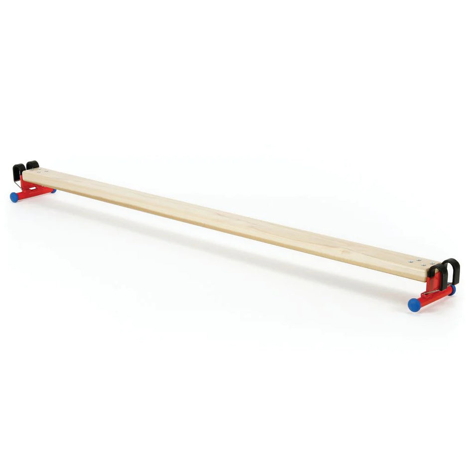 The Niels Larsen Timber Linking Beam is a low floor gym apparatus with red, blue, and black supports, designed for children's gym or PE activities. Shown on a plain white background. Brand: Niels Larsen.