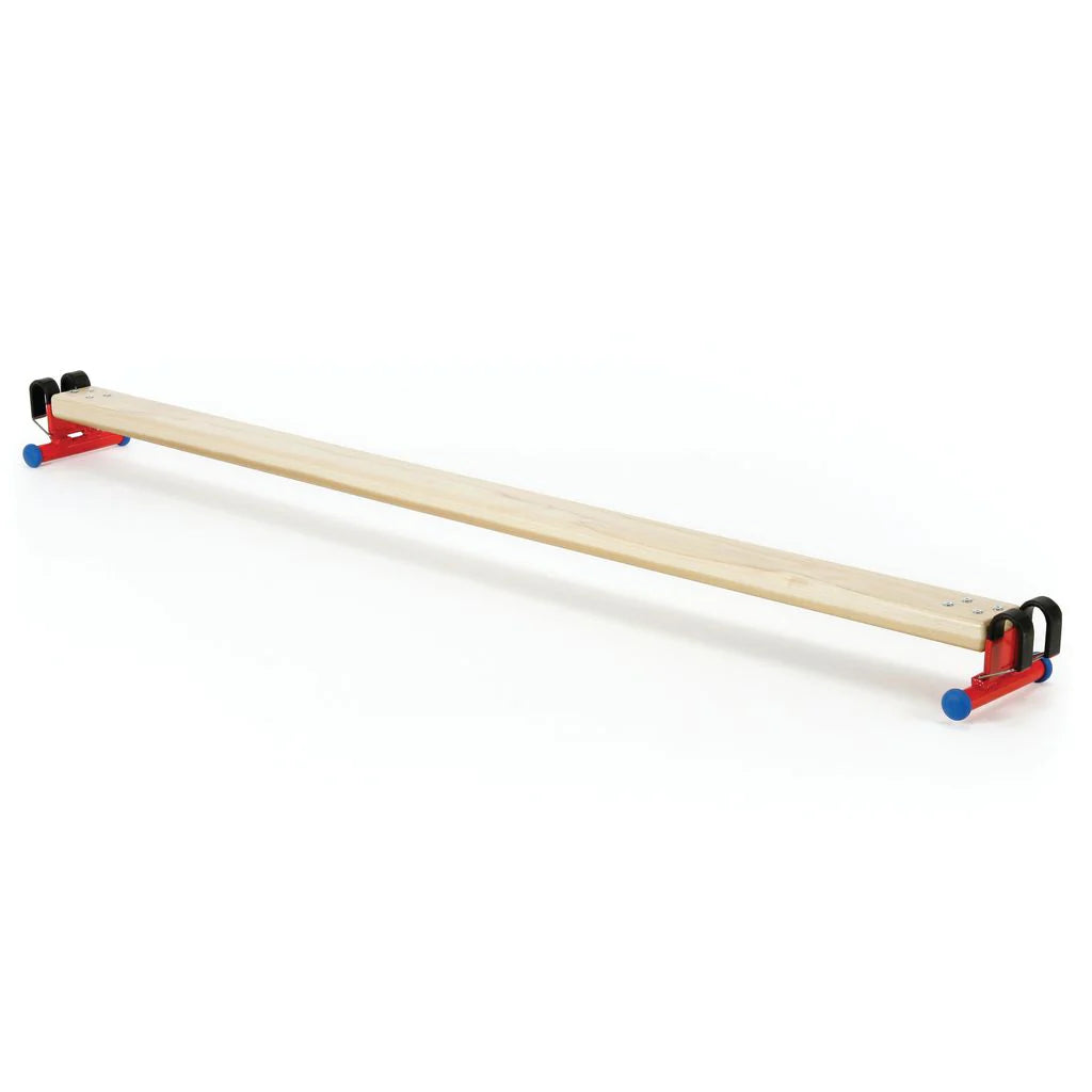 The Niels Larsen Steel Linking Equipment Set features a long balance beam with red and blue supports, perfect for traversing exercises and compatible with agility tables or climbing frames, shown against a plain white background.