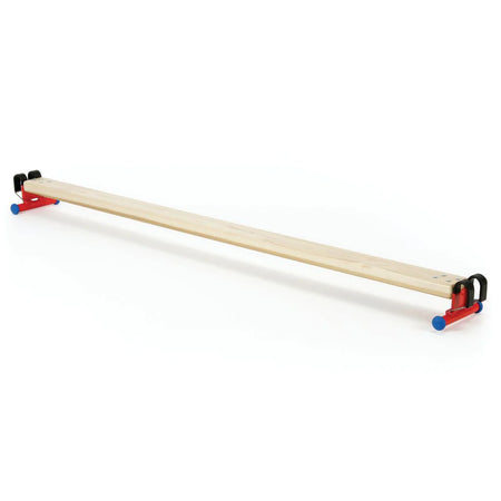 The Niels Larsen Steel Linking Equipment Set features a long balance beam with red and blue supports, perfect for traversing exercises and compatible with agility tables or climbing frames, shown against a plain white background.