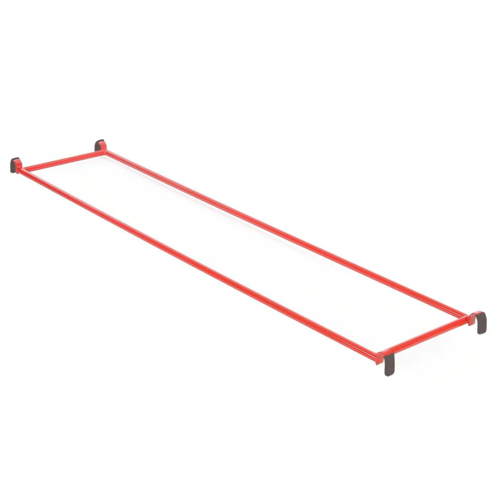 The Niels Larsen Steel Linking Equipment Set features a long, rectangular red metal frame with four black end caps on a white background. Lightweight and minimalistic, it's perfect for traversing or use in modern climbing structures.