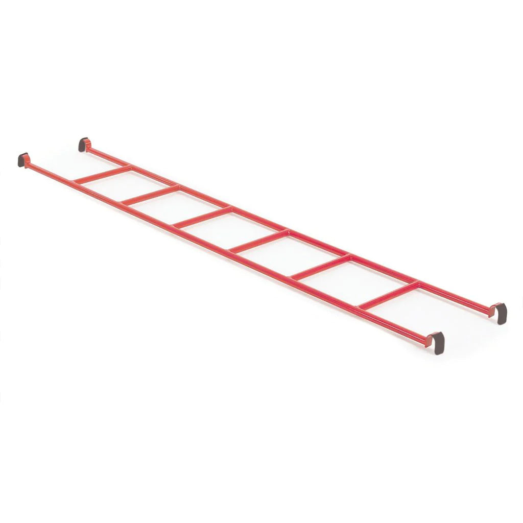 The Niels Larsen Steel Linking Equipment Set by Niels Larsen is a red metal straight ladder with six rungs and black protective end caps, shown lying flat on a white background. Ideal for traversing activities.