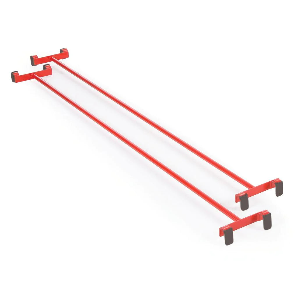 The Niels Larsen Steel Linking Equipment Set features two long, parallel red bars with black rubber-coated hooks at each end, ideal for use as an over-the-door hanging rack or as a versatile addition to climbing frames.