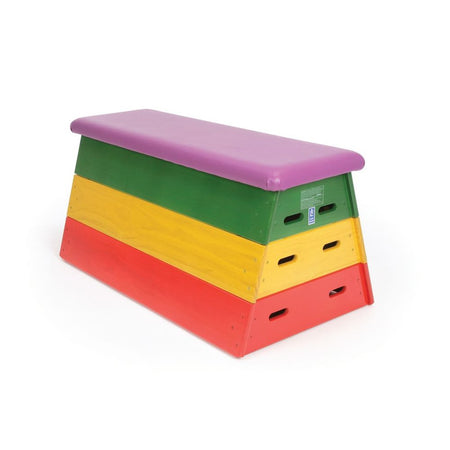 The Niels Larsen Activvault by Niels Larsen is a rectangular vault box with stacked red, yellow, and green sections and a purple padded vinyl top. Each section features side handles for easy transport, making it ideal for gymnastics training.