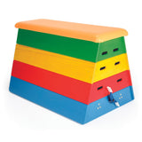 The Niels Larsen Activvault Box by Niels Larsen is a multi-colored junior vault box with a wheeling device, stackable sections, padded top, side handles, and rounded edges for safe and easy use in gymnastics.
