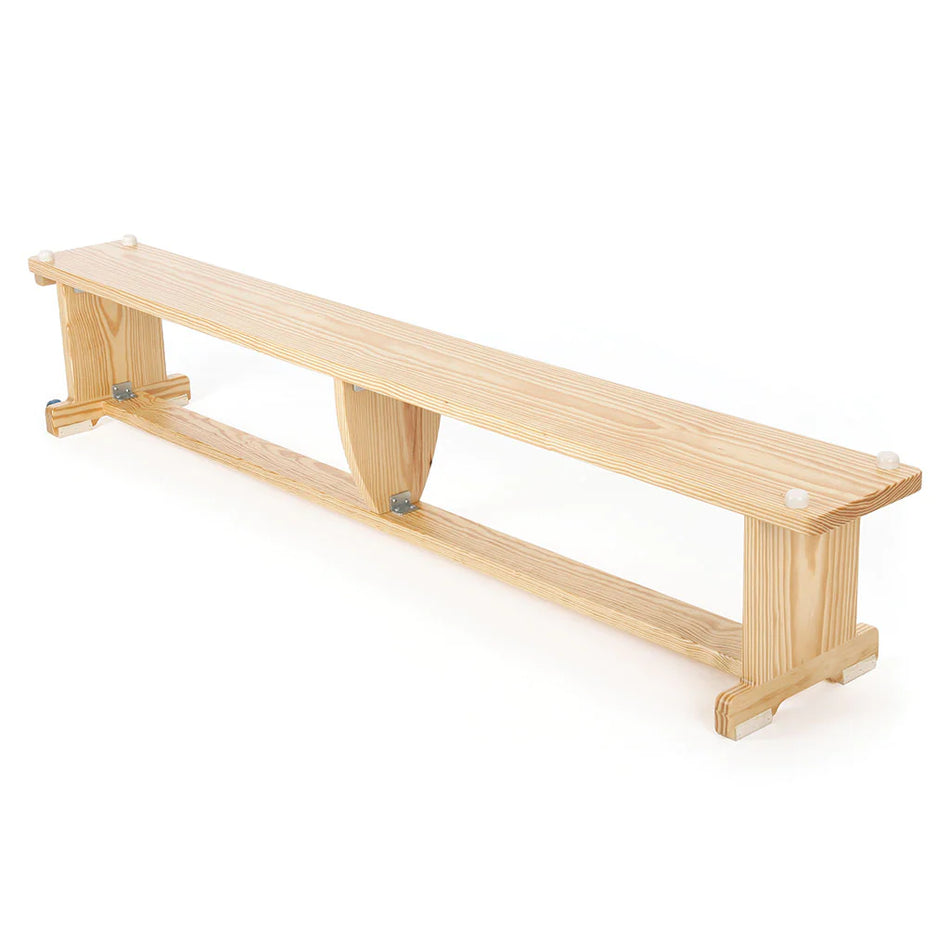 The Niels Larsen Activbench is a long, rectangular school balance bench by Niels Larsen, made from sustainable timber with a natural finish, sturdy legs, central brace, and metal bolts—ideal for gymnastic or balance exercises.