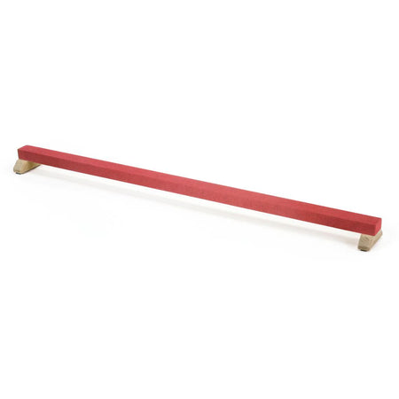 The Niels Larsen Junior Floor Beam, by Niels Larsen, is a red balance bar with rubber grips and wooden supports at each end, shown against a white background.