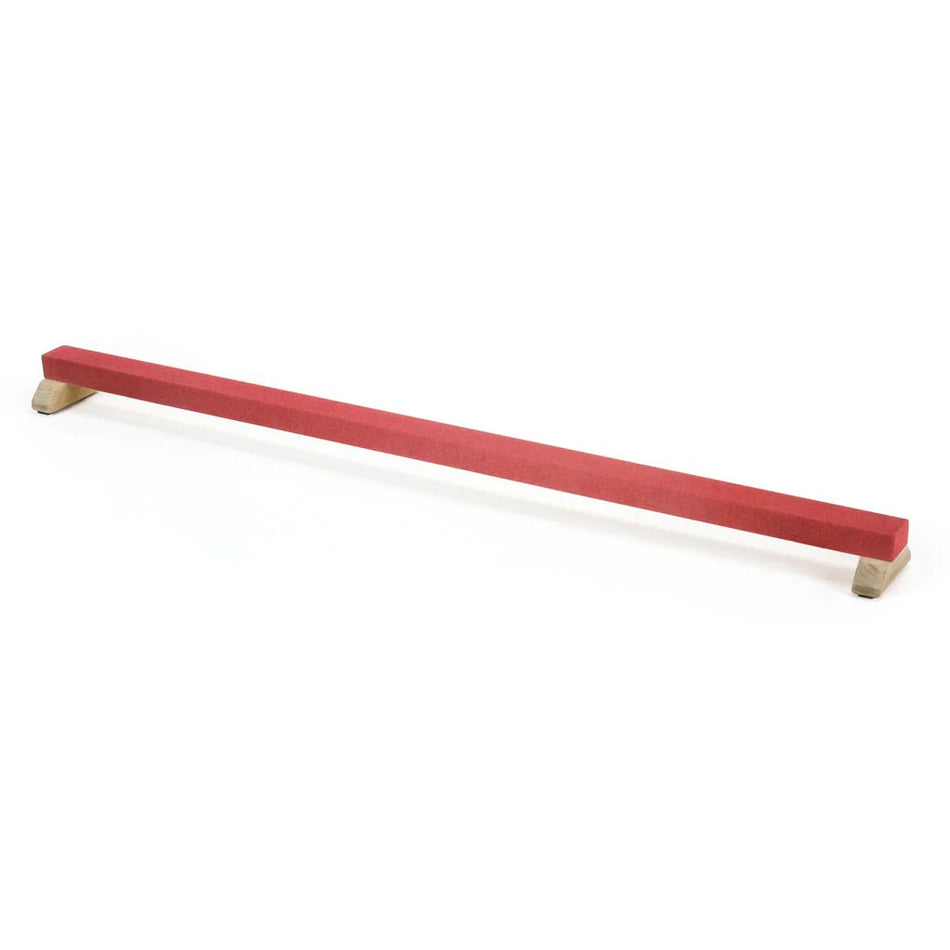 The Niels Larsen Junior Floor Beam, by Niels Larsen, is a red balance bar with rubber grips and wooden supports at each end, shown against a white background.