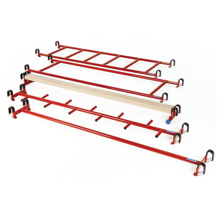 The Niels Larsen Steel Linking Equipment Set includes four parallel, red roof ladder hooks with black brackets—one with a wooden center, others all metal—perfect for traversing activities and arranged neatly on a white background.