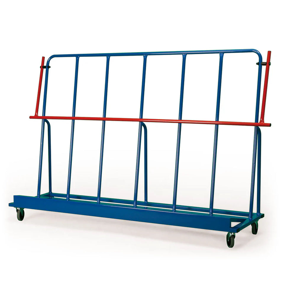 The Niels Larsen Inclined Vertical Mat Trolley features a large blue powder-coated steel A-frame, red horizontal supports, and four heavy-duty wheels—ideal for transporting or storing flat materials such as mats.