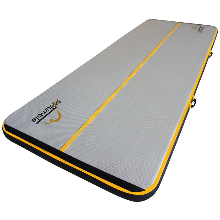 A rectangular Niels Larsen Air Tumble Track inflatable gym mat with a grey surface, yellow edges, and a yellow center stripe. The Niels Larsen brand name and logo are visible on the corner of this versatile gymnastics mat.